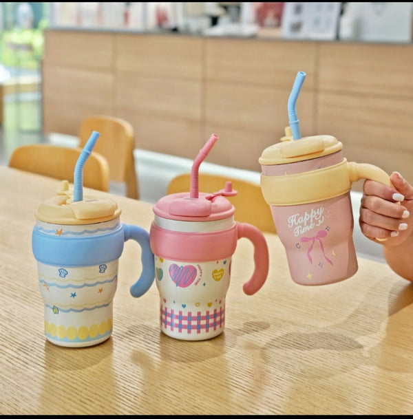Cute Stainless Steel Kids Tumbler with Handle & Straw | Insulated Leakproof Travel Mug for School, Home & Outdoor Use (Pink & Blue)