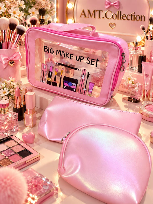 3-Piece "BIG MAKE UP SET" Transparent & Shimmer Cosmetic Bag Set –