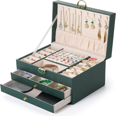 3-Layer Luxury Emerald Green PU Leather Jewelry Box Organizer