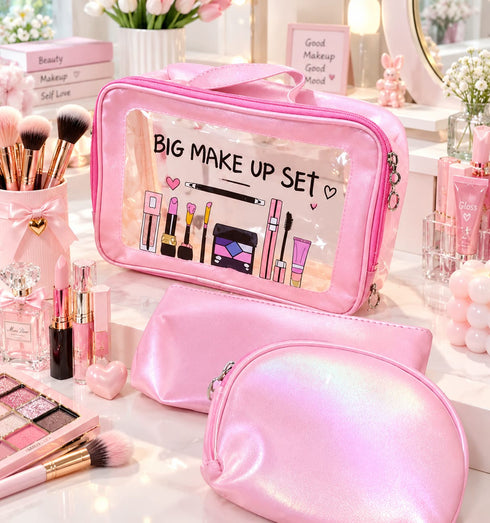 3-Piece "BIG MAKE UP SET" Transparent & Shimmer Cosmetic Bag Set –