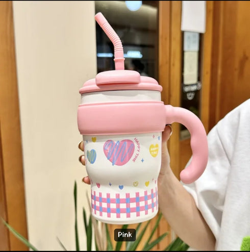 Cute Stainless Steel Kids Tumbler with Handle & Straw | Insulated Leakproof Travel Mug for School, Home & Outdoor Use (Pink & Blue)