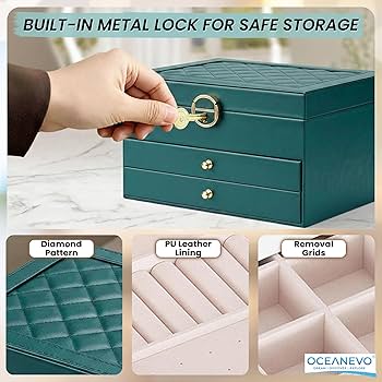 3-Layer Luxury Emerald Green PU Leather Jewelry Box Organizer