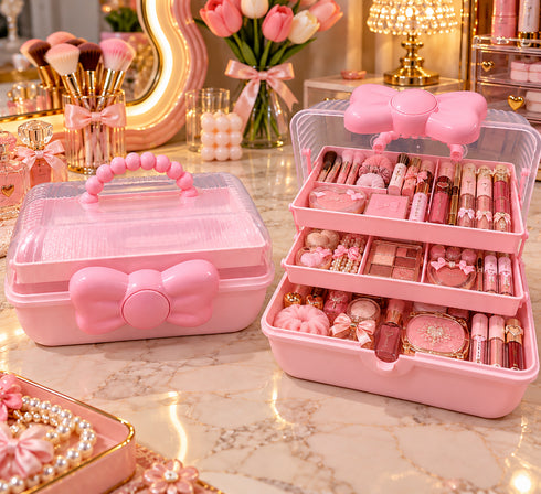Kuwaiti Cute Pink Bow Makeup Organizer Case | 3-Tier Cosmetic Storage Box