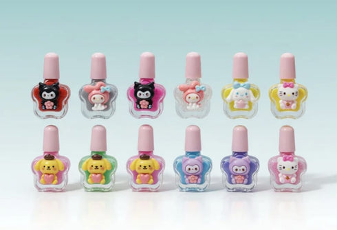 water-based, non-toxic kids' nail polish set featuring 3D character charms on star-shaped bottles.