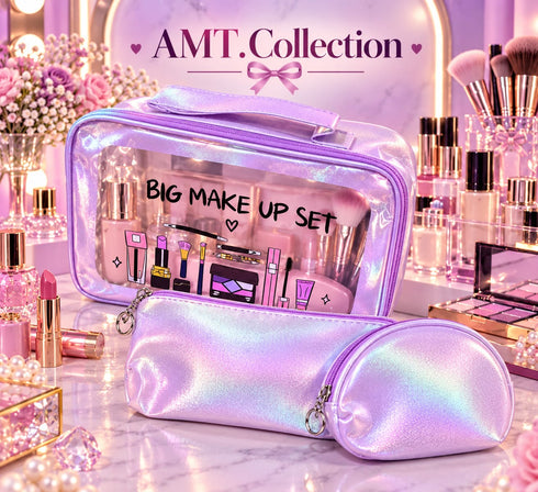 3-Piece "BIG MAKE UP SET" Transparent & Shimmer Cosmetic Bag Set –
