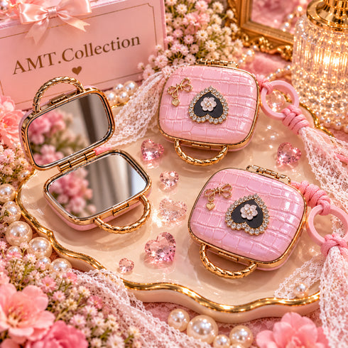 Double-Sided Pocket Mirror Keychain with Bag Charm