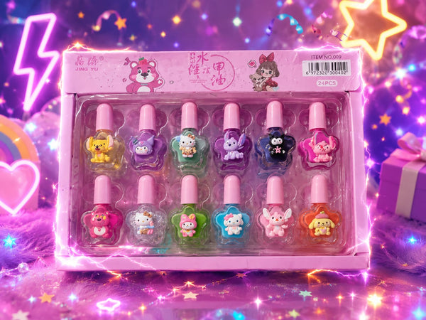 water-based, non-toxic kids' nail polish set featuring 3D character charms on star-shaped bottles.