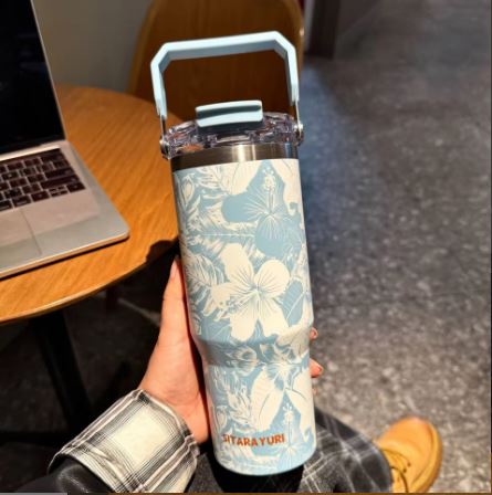 SITARAYURI Floral Travel Tumbler – 900ml Aesthetic Insulated Water Bottle with Handle